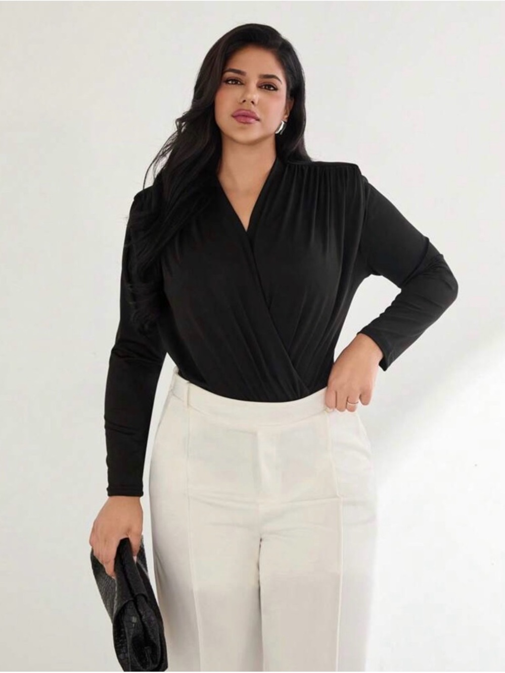 SHEIN Black Wrap-Front Long Sleeve Bodysuit